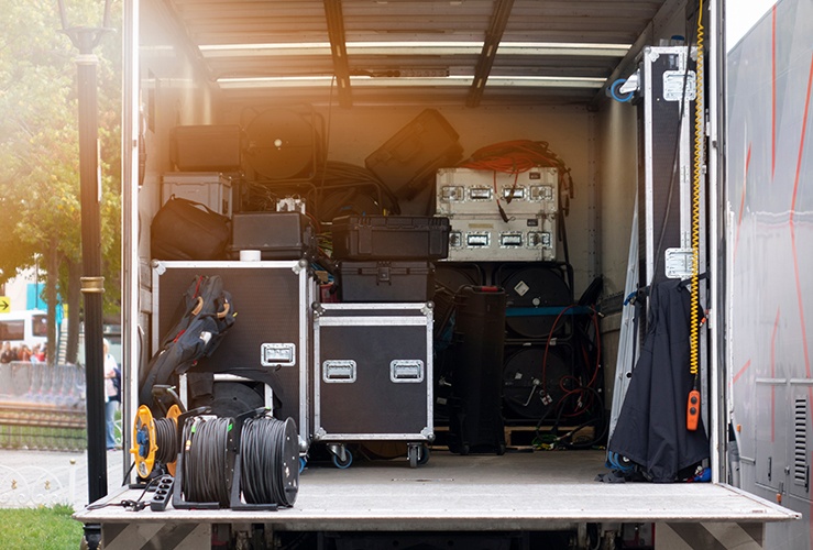 Van with band equipment in the back 